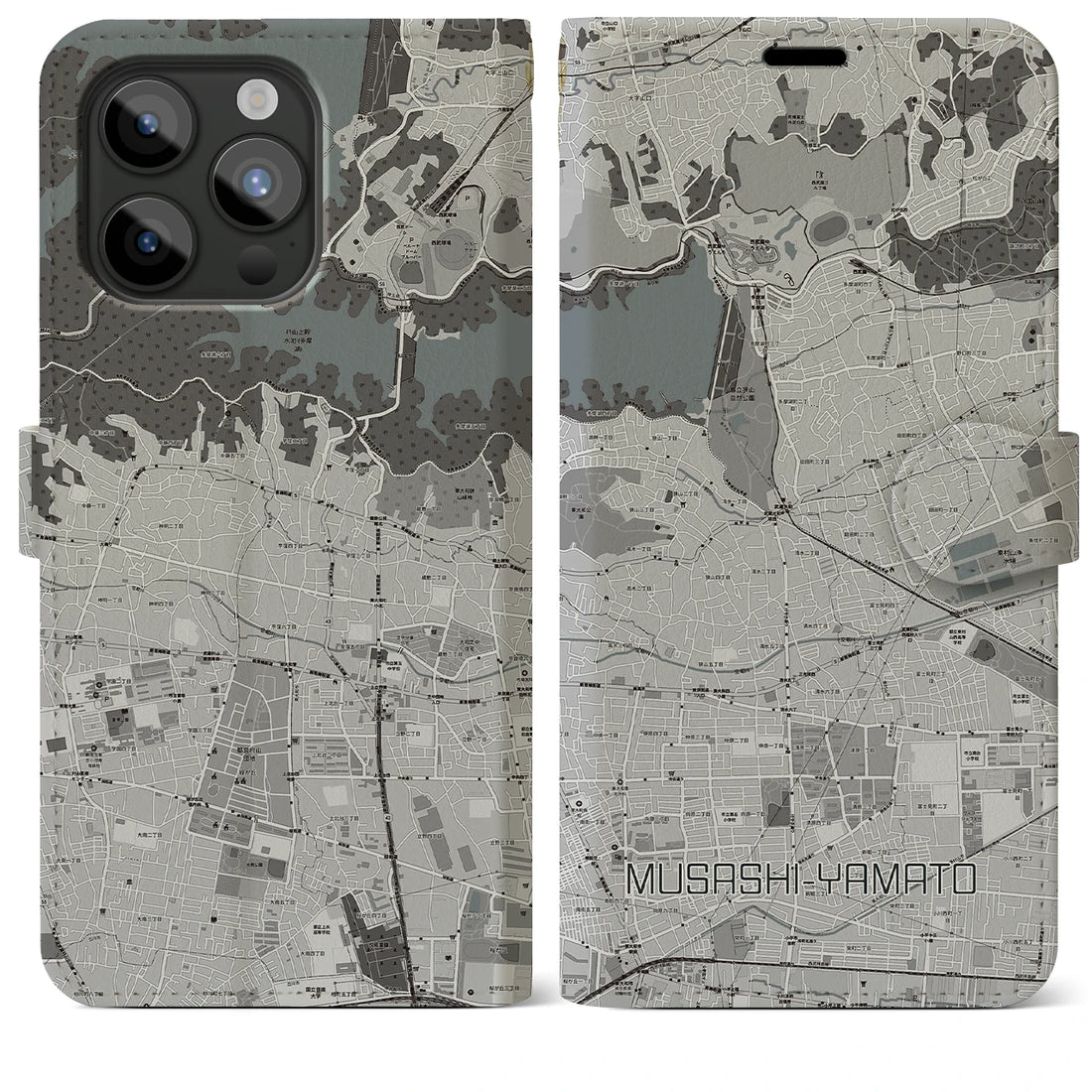 【武蔵大和】地図柄iPhoneケース（手帳両面タイプ・モノトーン）iPhone 15 Pro Max 用