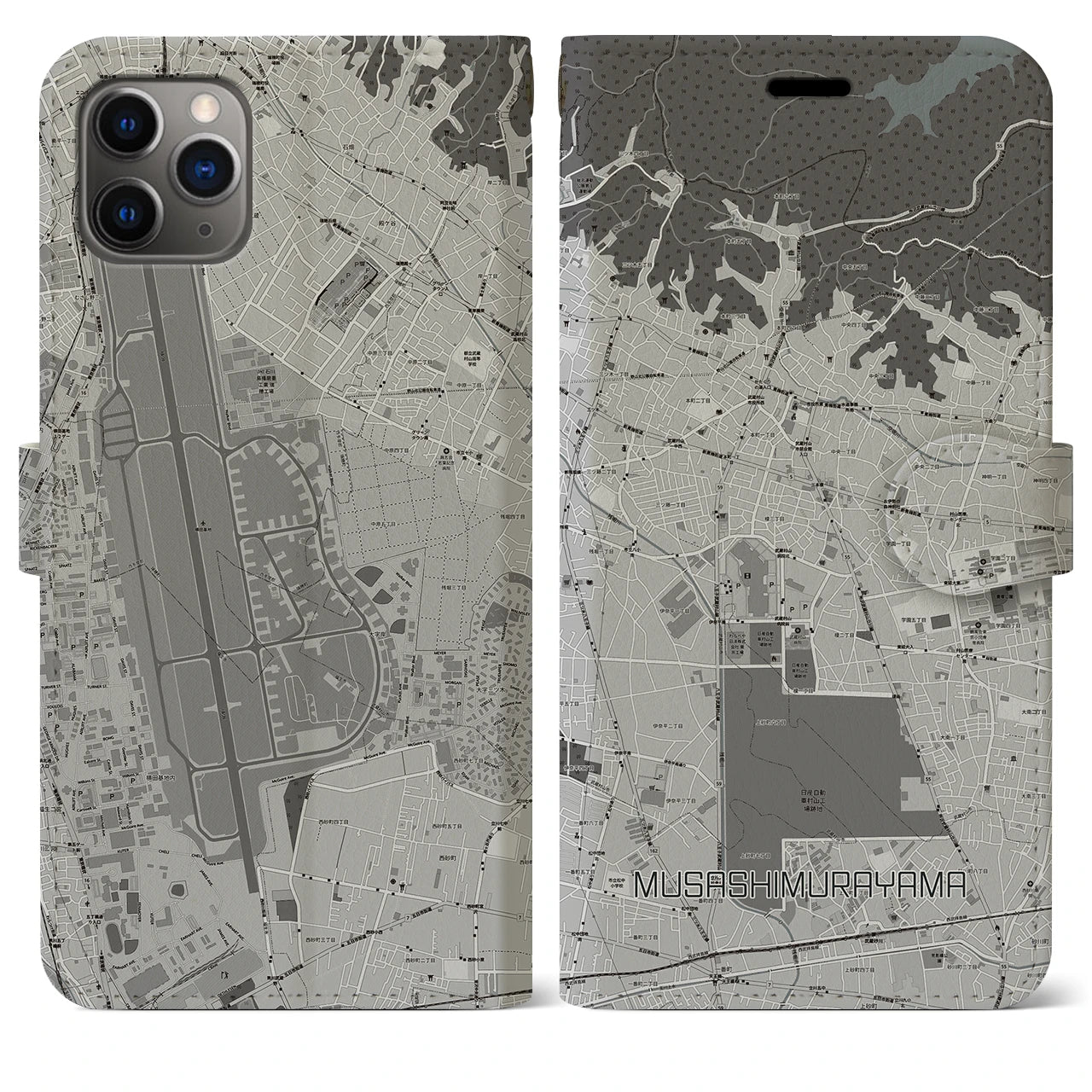 【武蔵村山】地図柄iPhoneケース（手帳両面タイプ・モノトーン）iPhone 11 Pro Max 用