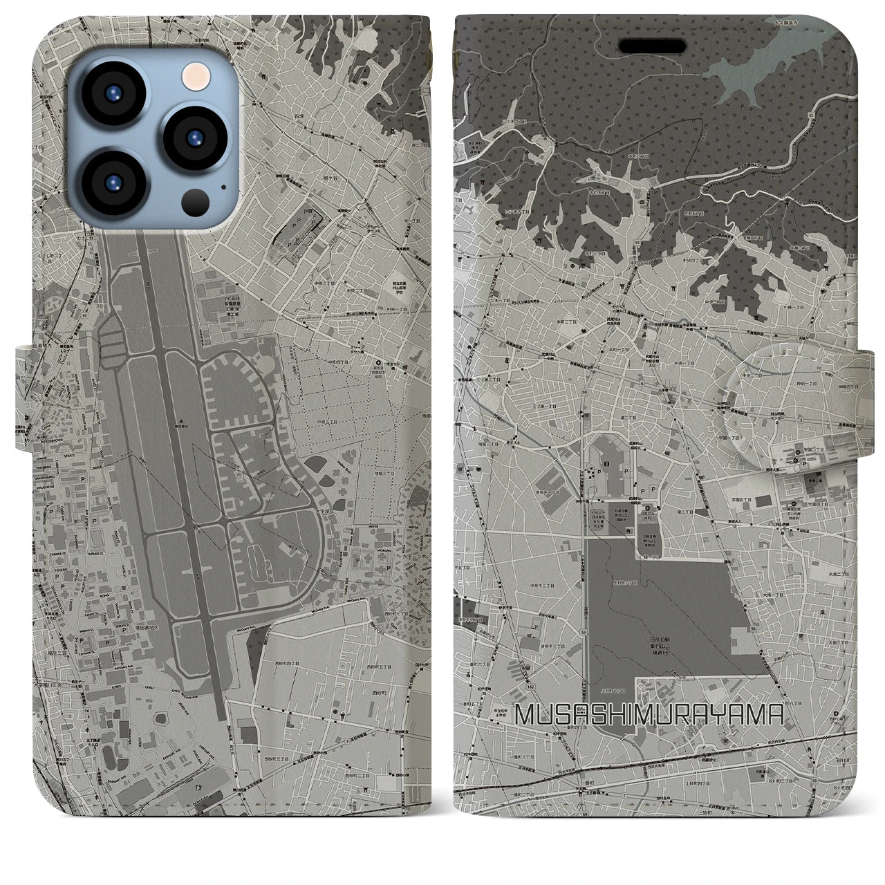 【武蔵村山】地図柄iPhoneケース（手帳両面タイプ・モノトーン）iPhone 13 Pro Max 用