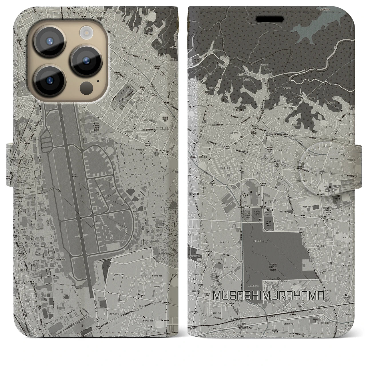 【武蔵村山】地図柄iPhoneケース（手帳両面タイプ・モノトーン）iPhone 14 Pro Max 用