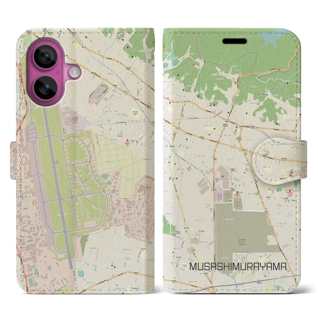 【武蔵村山（東京都）】地図柄iPhoneケース（手帳タイプ）ナチュラル・iPhone 16 Pro 用