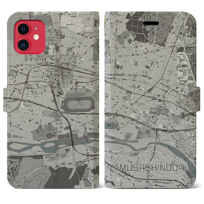 【武蔵野台（東京都）】地図柄iPhoneケース（手帳タイプ）モノトーン・iPhone 11 用
