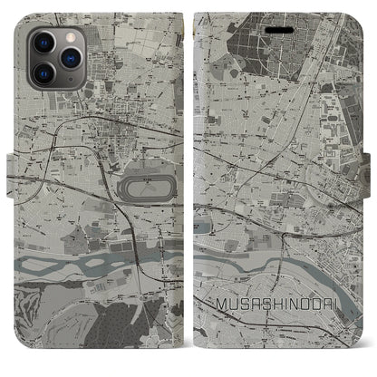 【武蔵野台（東京都）】地図柄iPhoneケース（手帳タイプ）モノトーン・iPhone 11 Pro Max 用