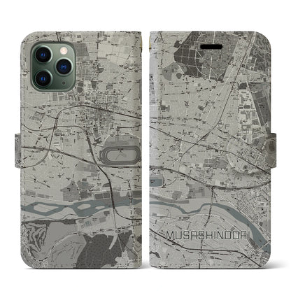 【武蔵野台（東京都）】地図柄iPhoneケース（手帳タイプ）モノトーン・iPhone 11 Pro 用