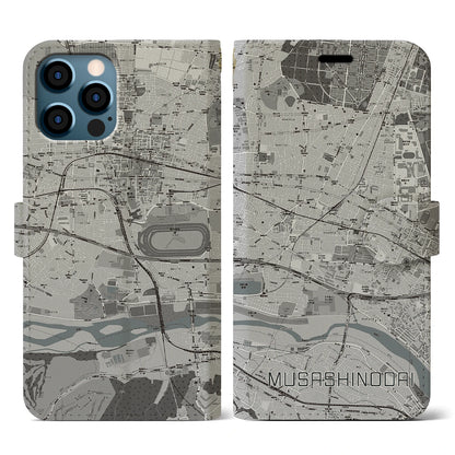 【武蔵野台（東京都）】地図柄iPhoneケース（手帳タイプ）モノトーン・iPhone 12 / 12 Pro 用