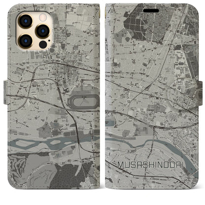 【武蔵野台（東京都）】地図柄iPhoneケース（手帳タイプ）モノトーン・iPhone 12 Pro Max 用