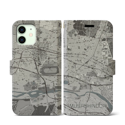 【武蔵野台（東京都）】地図柄iPhoneケース（手帳タイプ）モノトーン・iPhone 12 mini 用