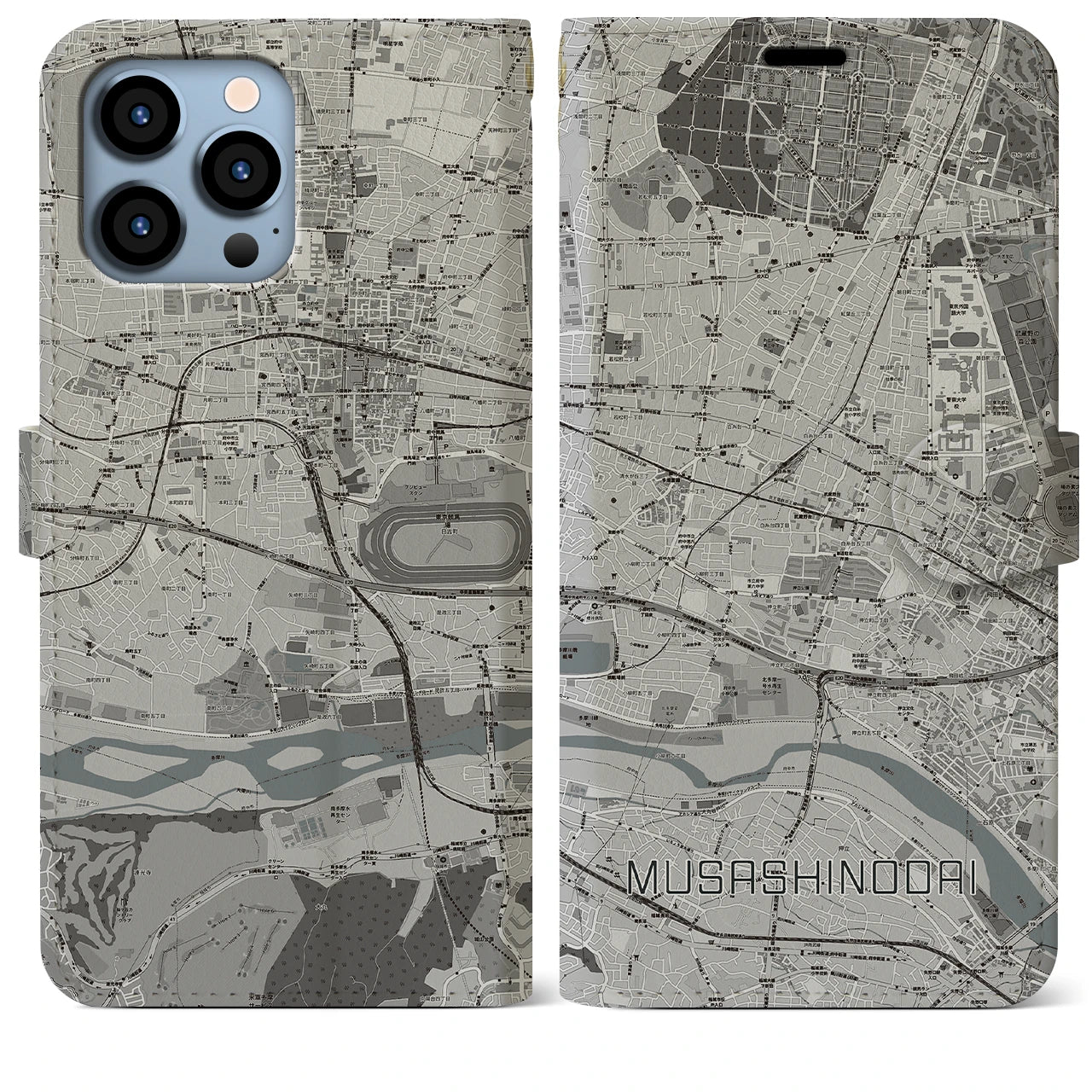 【武蔵野台】地図柄iPhoneケース（手帳両面タイプ・モノトーン）iPhone 13 Pro Max 用