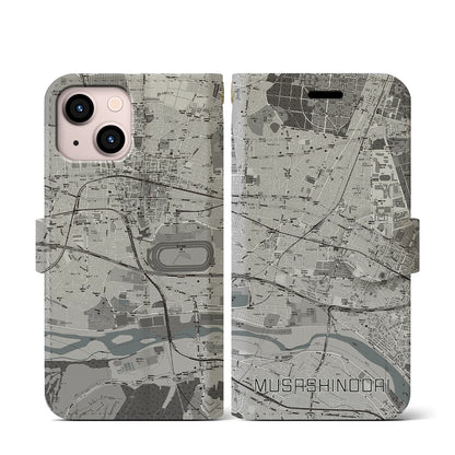 【武蔵野台（東京都）】地図柄iPhoneケース（手帳タイプ）モノトーン・iPhone 13 mini 用