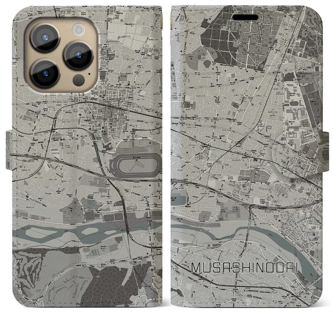 【武蔵野台】地図柄iPhoneケース（手帳両面タイプ・モノトーン）iPhone 14 Pro Max 用
