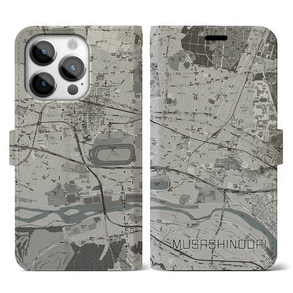 【武蔵野台（東京都）】地図柄iPhoneケース（手帳タイプ）モノトーン・iPhone 14 Pro 用