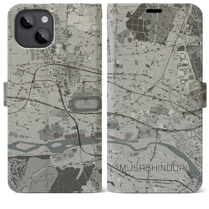 【武蔵野台（東京都）】地図柄iPhoneケース（手帳タイプ）モノトーン・iPhone 14 Plus 用