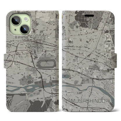 【武蔵野台（東京都）】地図柄iPhoneケース（手帳タイプ）モノトーン・iPhone 15 用