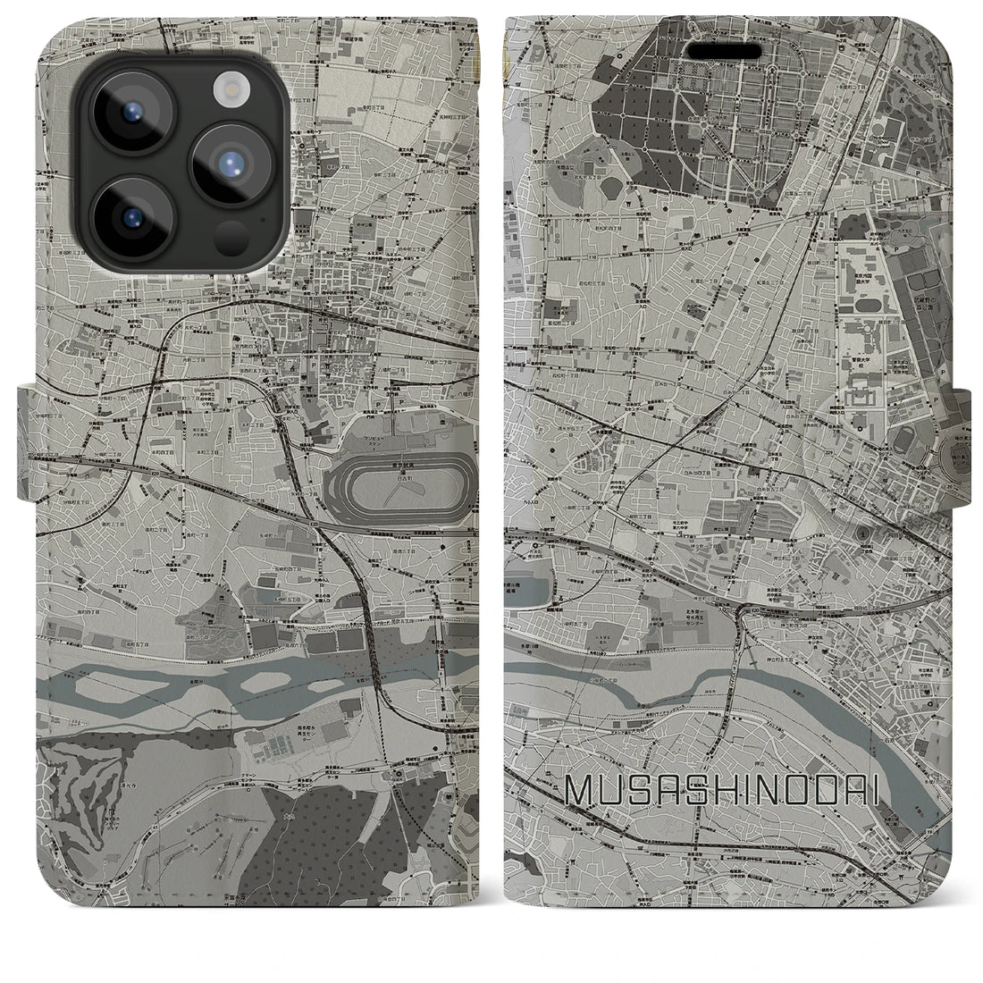 【武蔵野台】地図柄iPhoneケース（手帳両面タイプ・モノトーン）iPhone 15 Pro Max 用