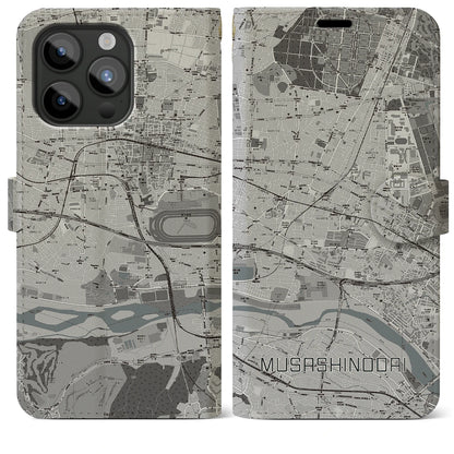 【武蔵野台（東京都）】地図柄iPhoneケース（手帳タイプ）モノトーン・iPhone 15 Pro Max 用