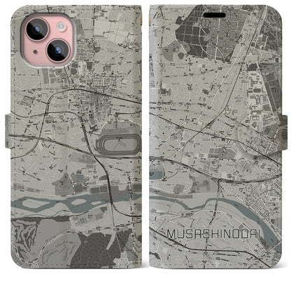【武蔵野台（東京都）】地図柄iPhoneケース（手帳タイプ）モノトーン・iPhone 15 Plus 用