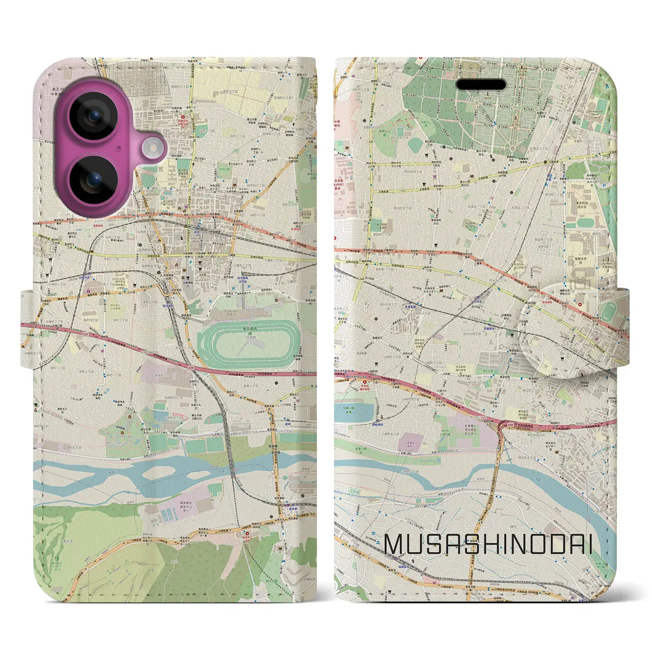 【武蔵野台（東京都）】地図柄iPhoneケース（手帳タイプ）ナチュラル・iPhone 16 Pro 用