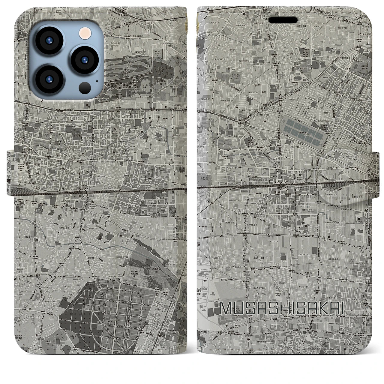 【武蔵境2】地図柄iPhoneケース（手帳両面タイプ・モノトーン）iPhone 13 Pro Max 用