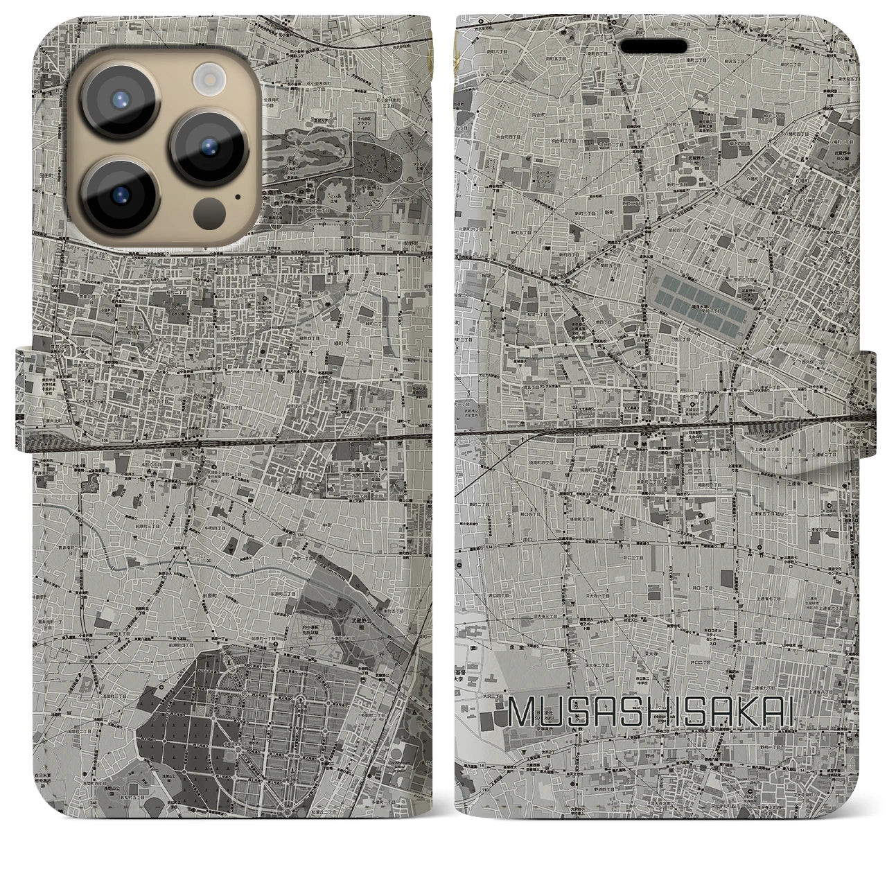 【武蔵境2】地図柄iPhoneケース（手帳両面タイプ・モノトーン）iPhone 14 Pro Max 用
