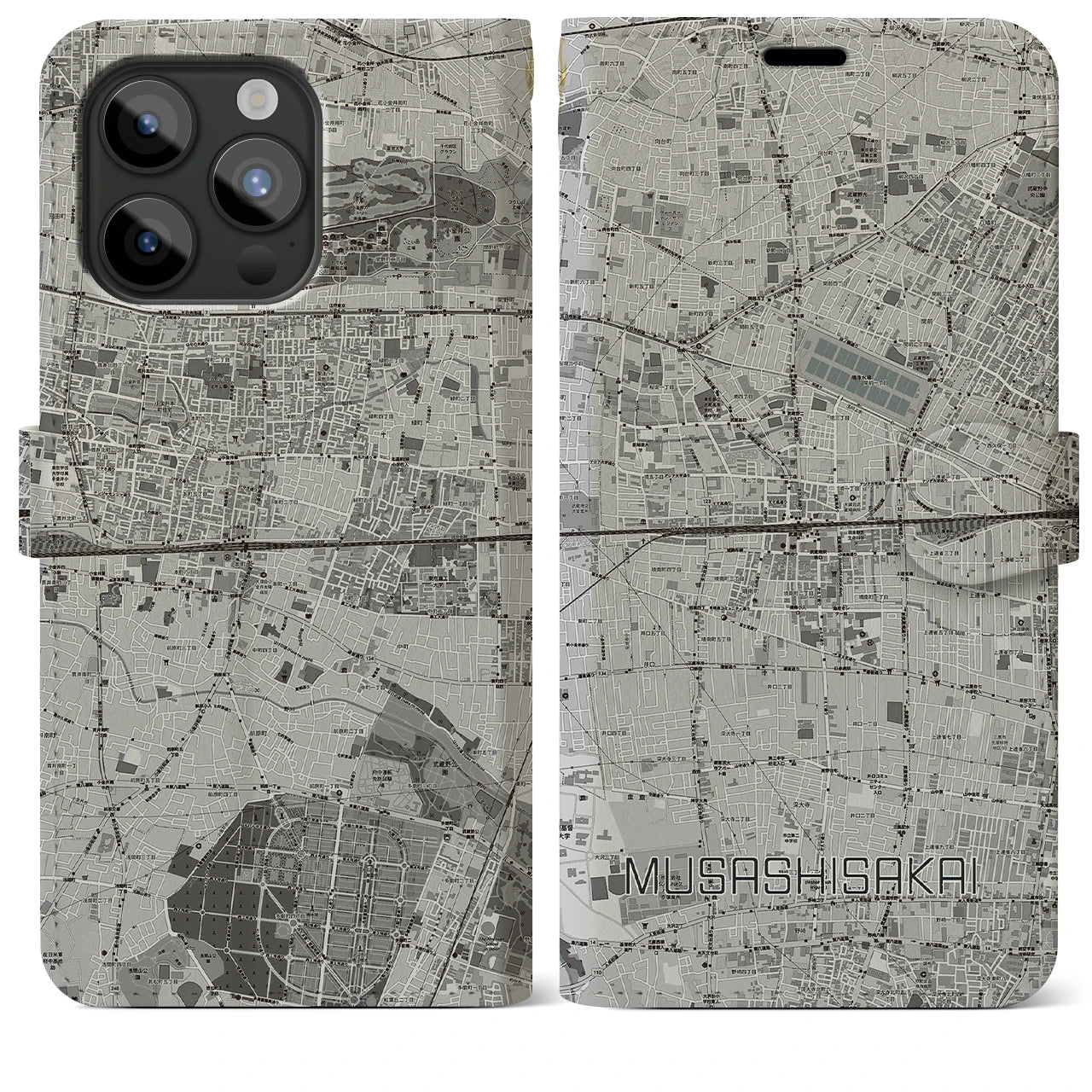 【武蔵境2】地図柄iPhoneケース（手帳両面タイプ・モノトーン）iPhone 15 Pro Max 用