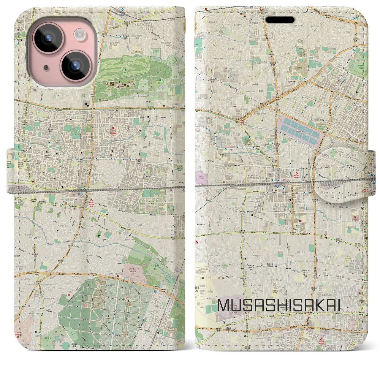 【武蔵境2（東京都）】地図柄iPhoneケース（手帳タイプ）ナチュラル・iPhone 15 Plus 用