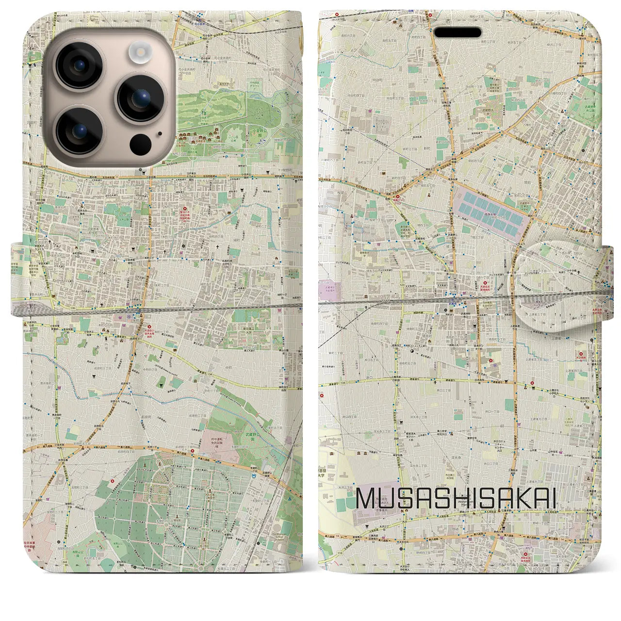 【武蔵境2（東京都）】地図柄iPhoneケース（手帳タイプ）ナチュラル・iPhone 16 Plus 用