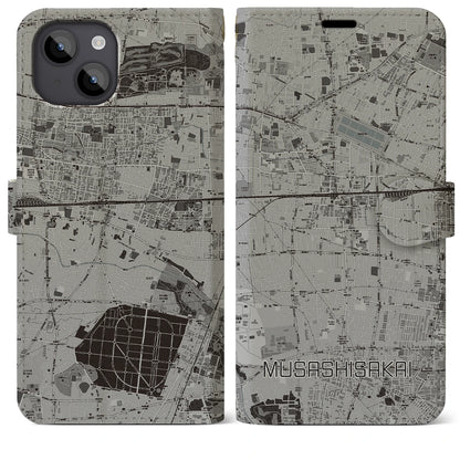 【武蔵境（東京都）】地図柄iPhoneケース（手帳タイプ）モノトーン・iPhone 14 Plus 用