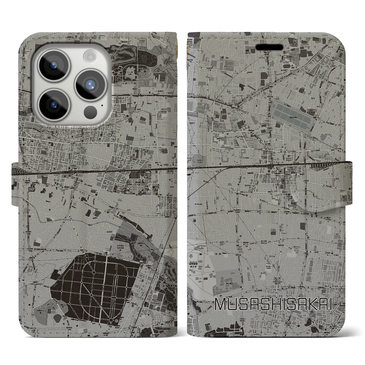 【武蔵境】地図柄iPhoneケース（手帳両面タイプ・モノトーン）iPhone 15 Pro 用