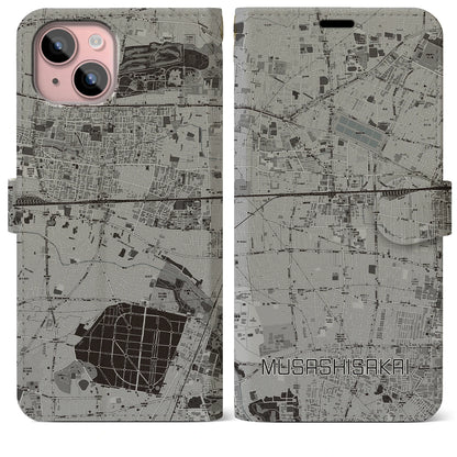 【武蔵境（東京都）】地図柄iPhoneケース（手帳タイプ）モノトーン・iPhone 15 Plus 用