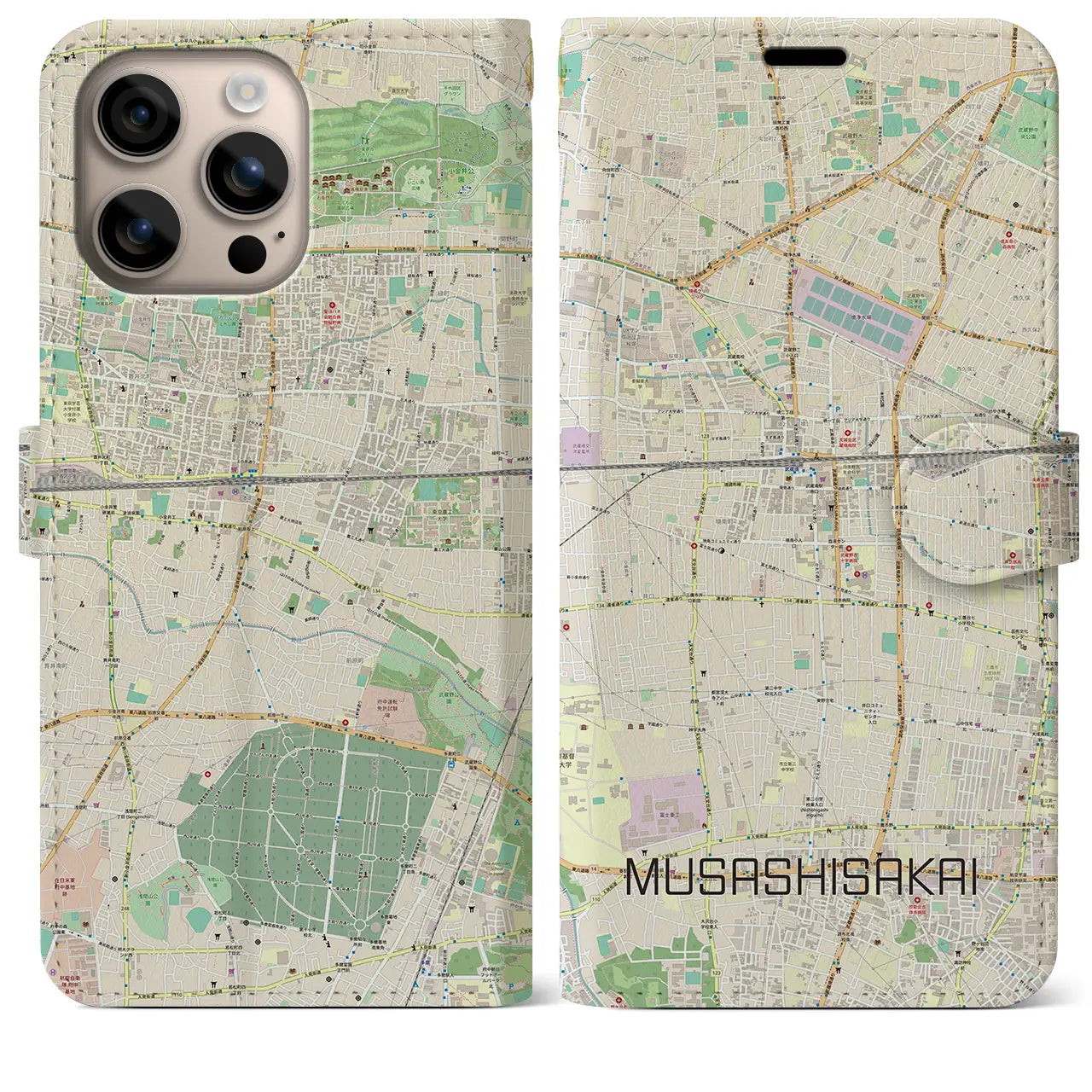 【武蔵境（東京都）】地図柄iPhoneケース（手帳タイプ）ナチュラル・iPhone 16 Plus 用