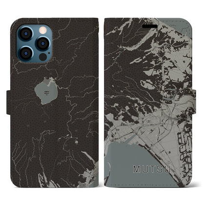 【むつ（青森県）】地図柄iPhoneケース（手帳タイプ）モノトーン・iPhone 12 / 12 Pro 用