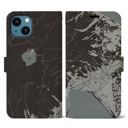 【むつ（青森県）】地図柄iPhoneケース（手帳タイプ）モノトーン・iPhone 13 用