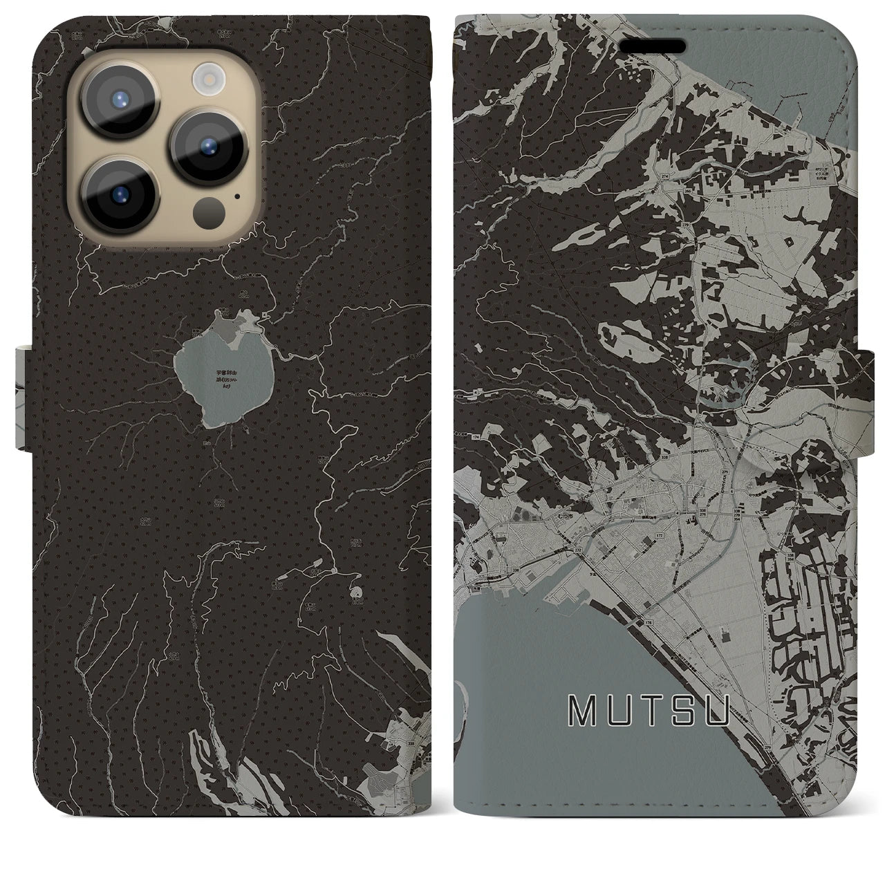 【むつ】地図柄iPhoneケース（手帳両面タイプ・モノトーン）iPhone 14 Pro Max 用