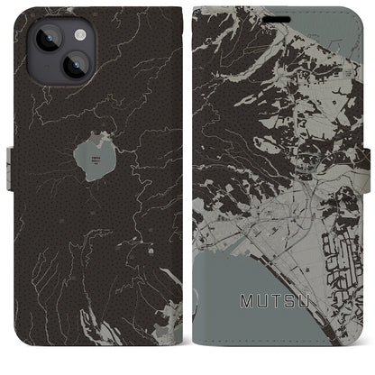 【むつ（青森県）】地図柄iPhoneケース（手帳タイプ）モノトーン・iPhone 14 Plus 用