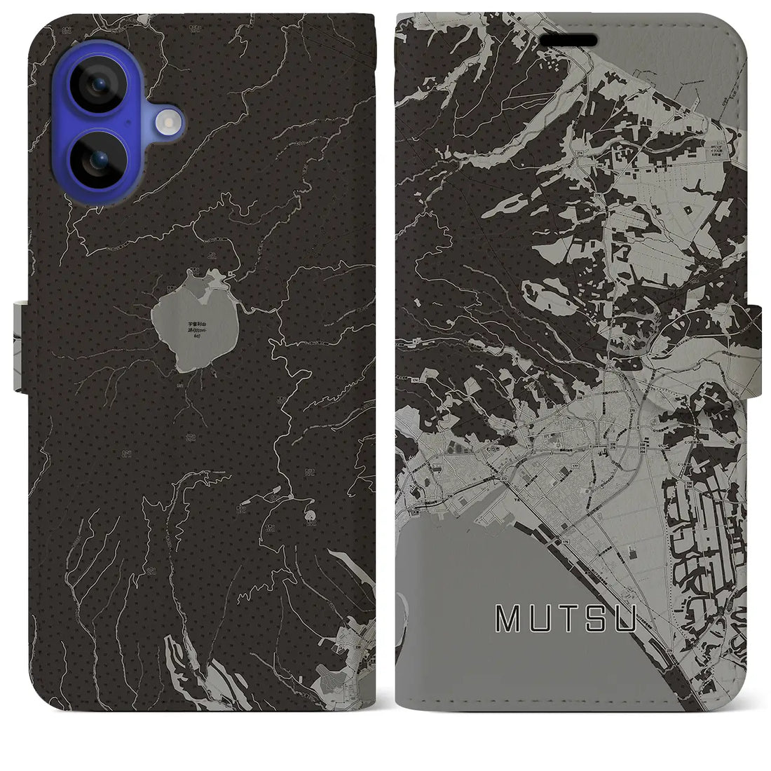 【むつ(青森県)】地図柄iPhoneケース(手帳タイプ)モノトーン・iPhone 16 Pro Max 用