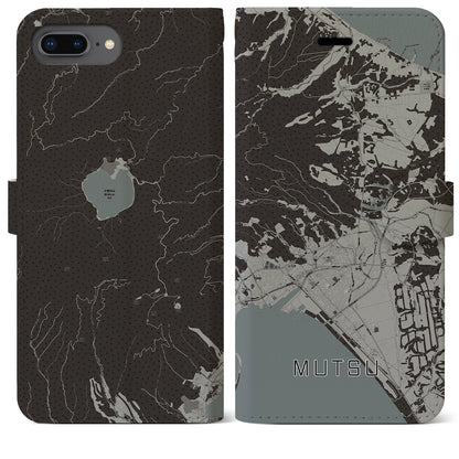 【むつ（青森県）】地図柄iPhoneケース（手帳タイプ）モノトーン・iPhone 8Plus /7Plus / 6sPlus / 6Plus 用