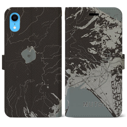 【むつ（青森県）】地図柄iPhoneケース（手帳タイプ）モノトーン・iPhone XR 用