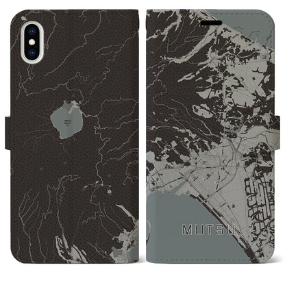 【むつ（青森県）】地図柄iPhoneケース（手帳タイプ）モノトーン・iPhone XS Max 用