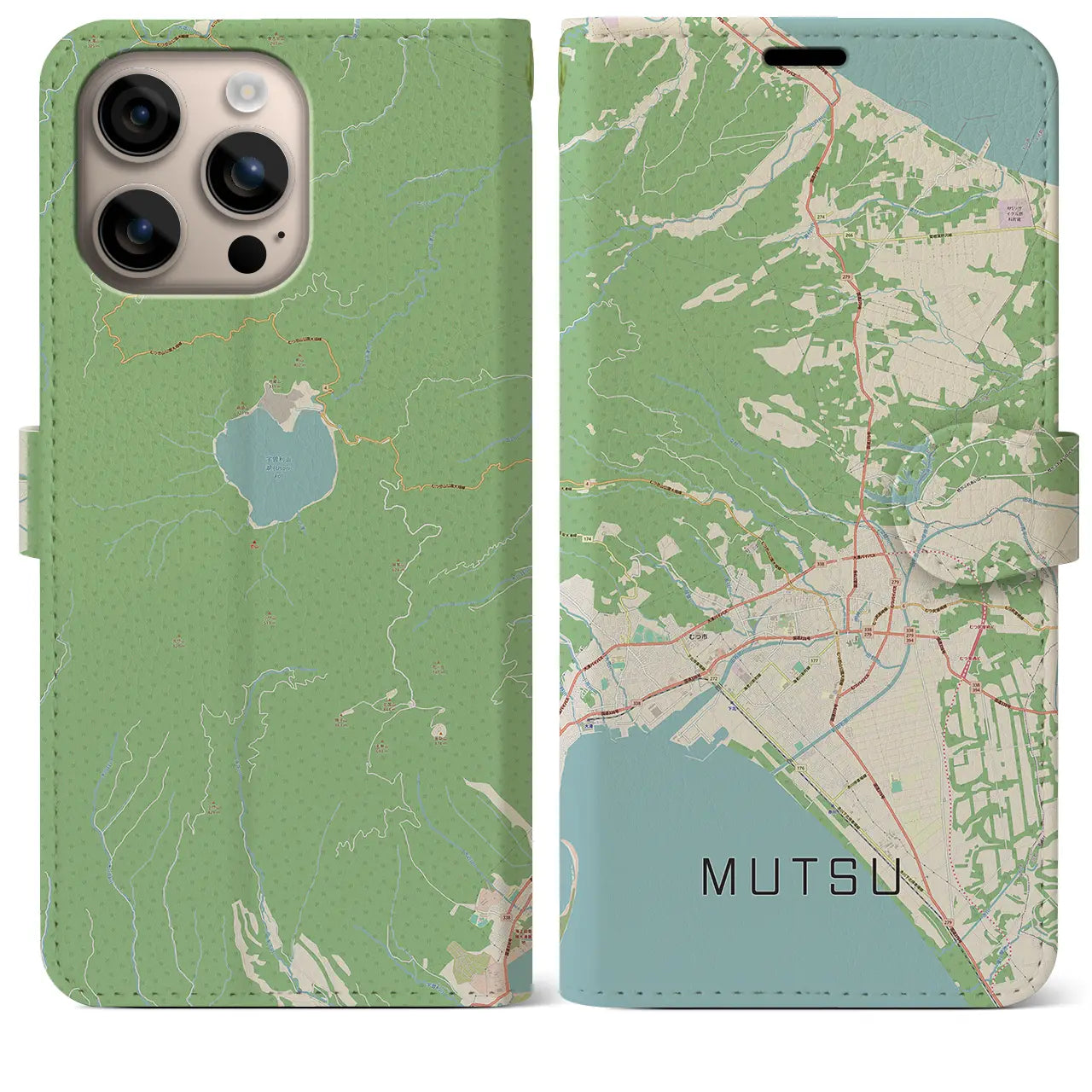 【むつ（青森県）】地図柄iPhoneケース（手帳タイプ）ナチュラル・iPhone 16 Plus 用