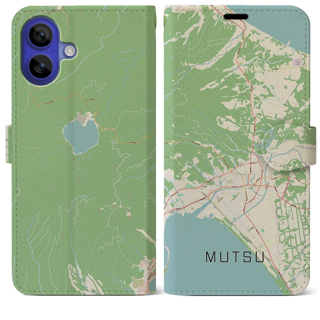 【むつ（青森県）】地図柄iPhoneケース（手帳タイプ）ナチュラル・iPhone 16 Pro Max 用