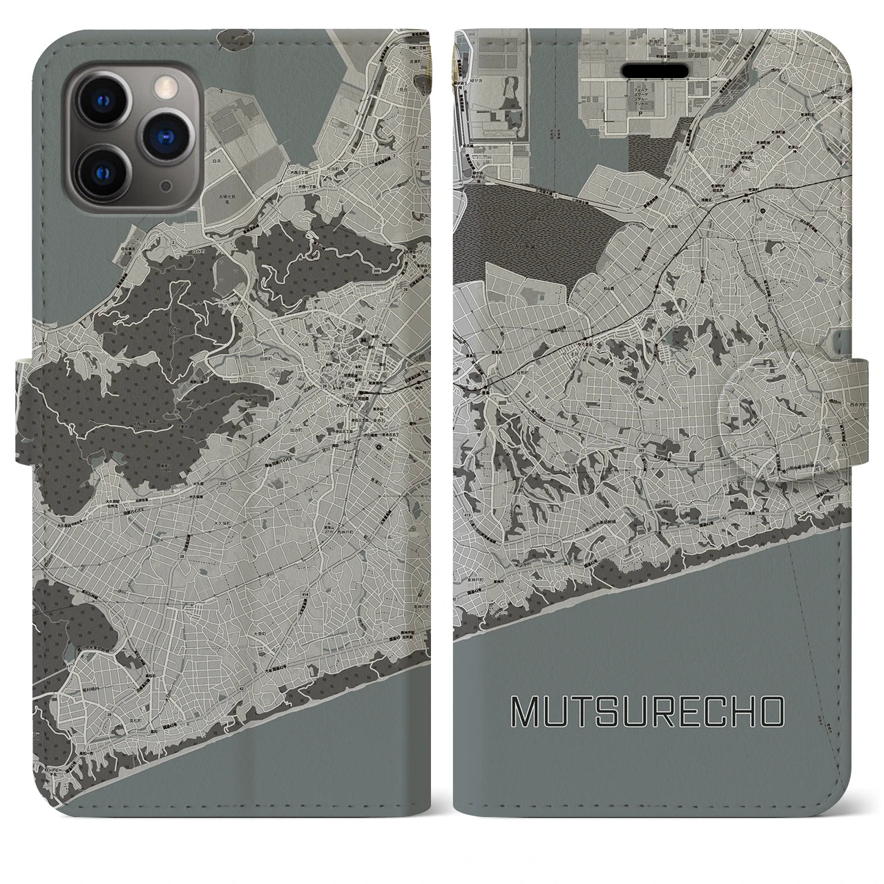 【六連町】地図柄iPhoneケース（手帳両面タイプ・モノトーン）iPhone 11 Pro Max 用