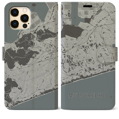 【六連町（愛知県）】地図柄iPhoneケース（手帳タイプ）モノトーン・iPhone 12 Pro Max 用