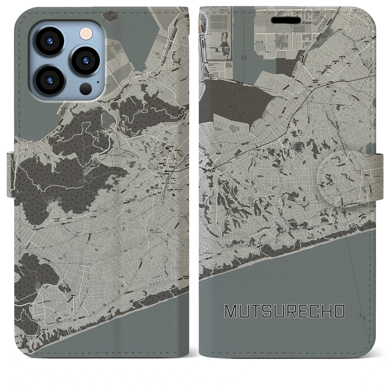 【六連町】地図柄iPhoneケース（手帳両面タイプ・モノトーン）iPhone 13 Pro Max 用