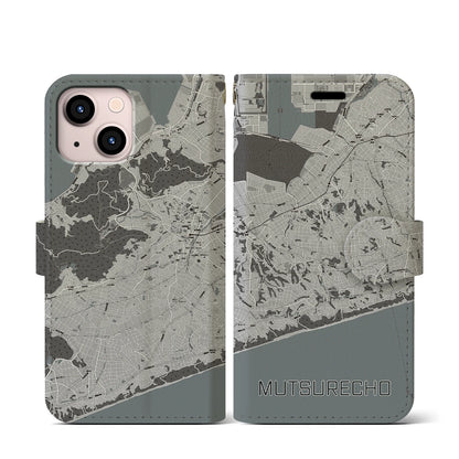 【六連町（愛知県）】地図柄iPhoneケース（手帳タイプ）モノトーン・iPhone 13 mini 用