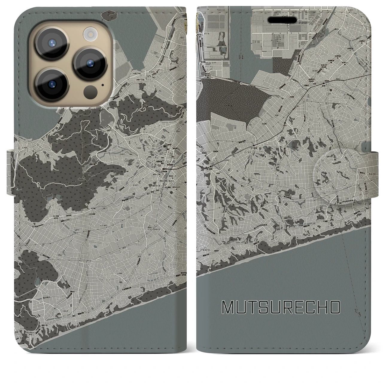 【六連町】地図柄iPhoneケース（手帳両面タイプ・モノトーン）iPhone 14 Pro Max 用