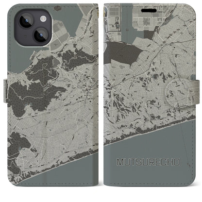 【六連町（愛知県）】地図柄iPhoneケース（手帳タイプ）モノトーン・iPhone 14 Plus 用