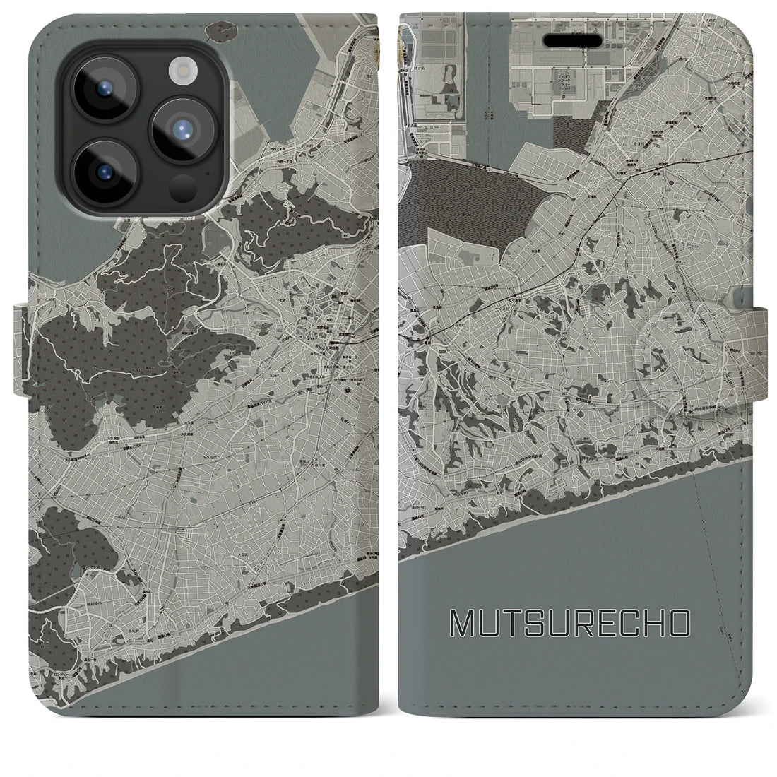 【六連町】地図柄iPhoneケース（手帳両面タイプ・モノトーン）iPhone 15 Pro Max 用