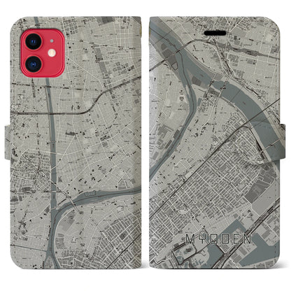 【妙典（千葉県）】地図柄iPhoneケース（手帳タイプ）モノトーン・iPhone 11 用
