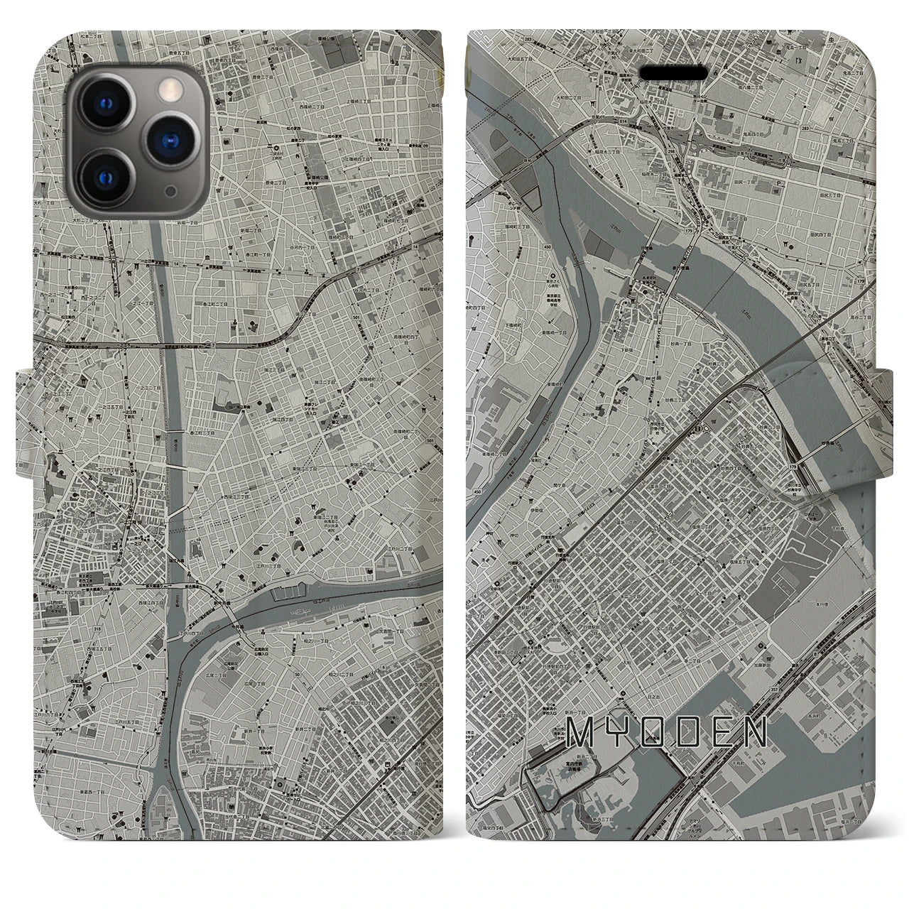 【妙典】地図柄iPhoneケース（手帳両面タイプ・モノトーン）iPhone 11 Pro Max 用