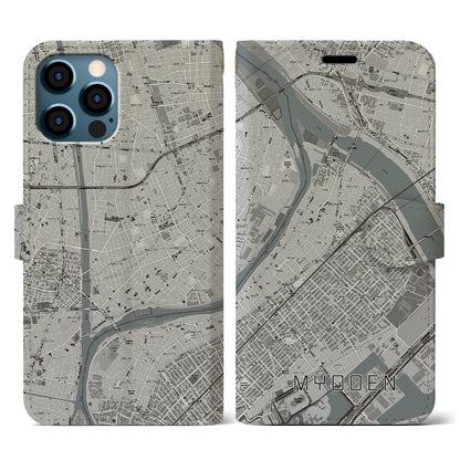 【妙典（千葉県）】地図柄iPhoneケース（手帳タイプ）モノトーン・iPhone 12 / 12 Pro 用